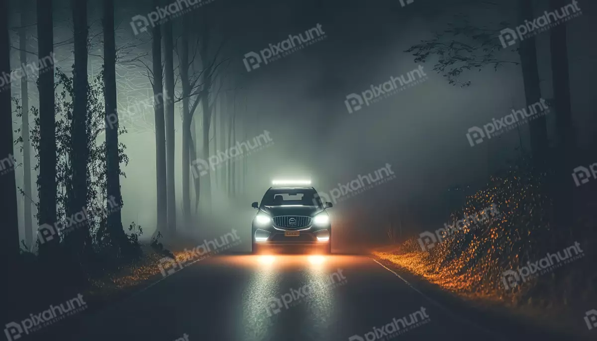 Free Premium Stock Photos The car is driving on the road at night in the forest | The Fog in car at night With Car light