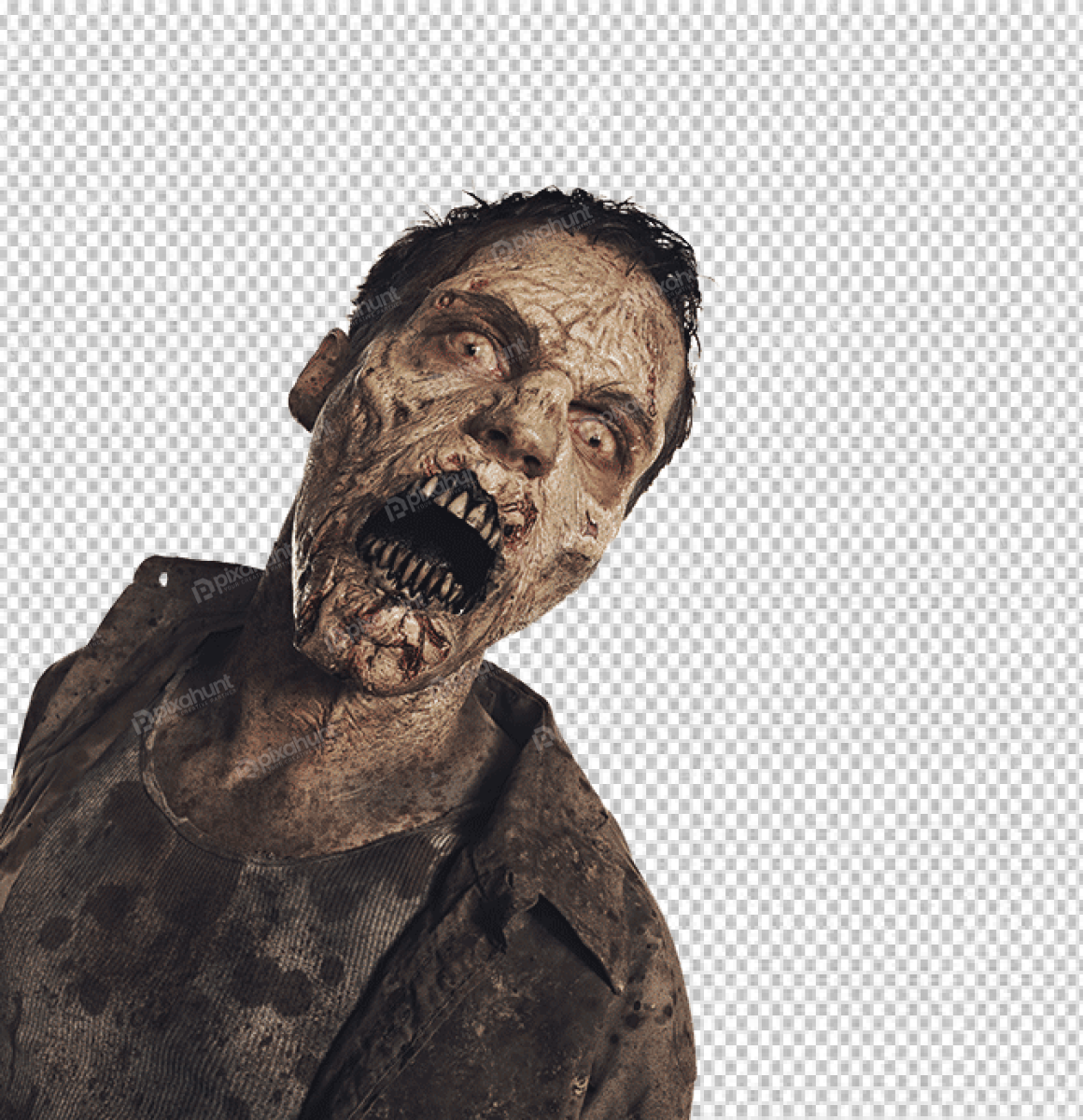 Free Premium PNG The zombie is in a position where he is looking at the camera with his mouth open and his teeth bared