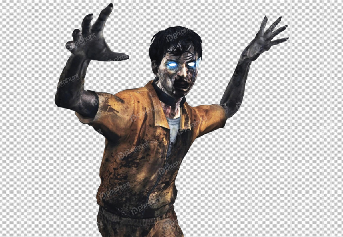 Free Premium PNG The zombie is in a prison jumpsuit and has its hands raised in the air