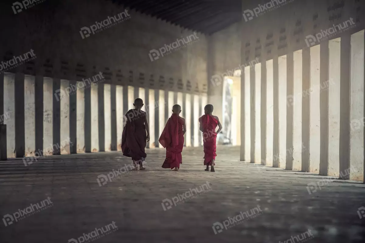 Free Premium Stock Photos Three monks walking away from the camera and wearing traditional robes and are walking barefoot