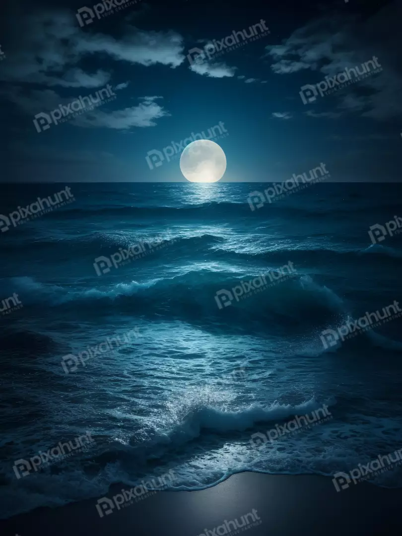 Free Premium Stock Photos Tranquil Night Seascape with Sparkling Waters and Reflective Moon