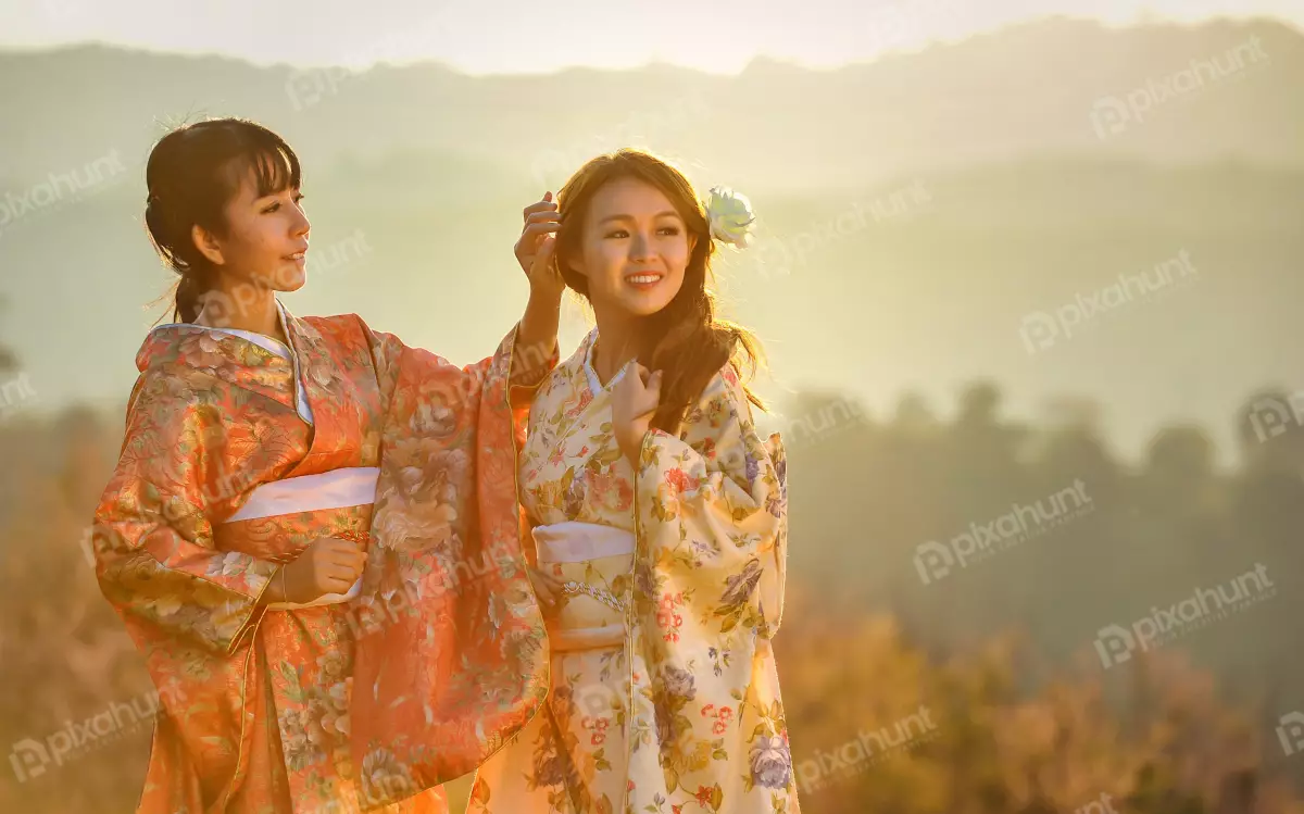 Free Premium Stock Photos two beautiful Japanese women wearing traditional kimonos