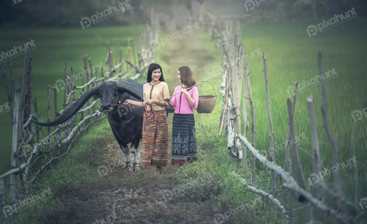 Free Premium Stock Photos Two girls in a field walking towards the camera One woman is wearing a pink shirt and a long skirt, and the other is wearing a blue shirt and a long skirt