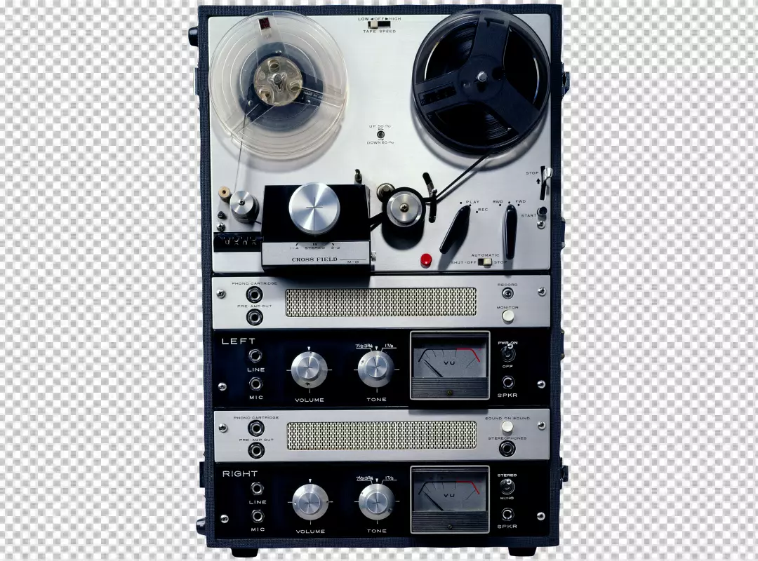 Free Premium PNG Vintage reel-to-reel tape recorder is a black and silver machine with a lot of buttons and knobs