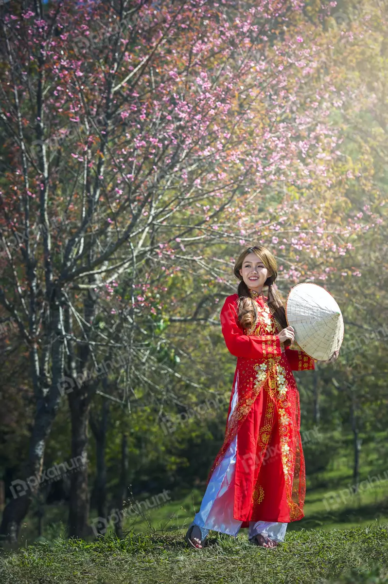 Free Premium Stock Photos Woman wearing a traditional Vietnamese dress called an ao dai and standing in a field of flowers whit the sun is shining brightly