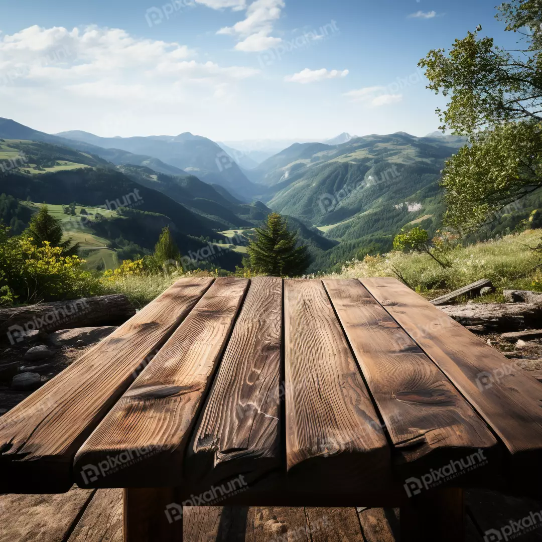 Free Premium Stock Photos wooden tabletop against backdrop of majestic mountain peak blank surface