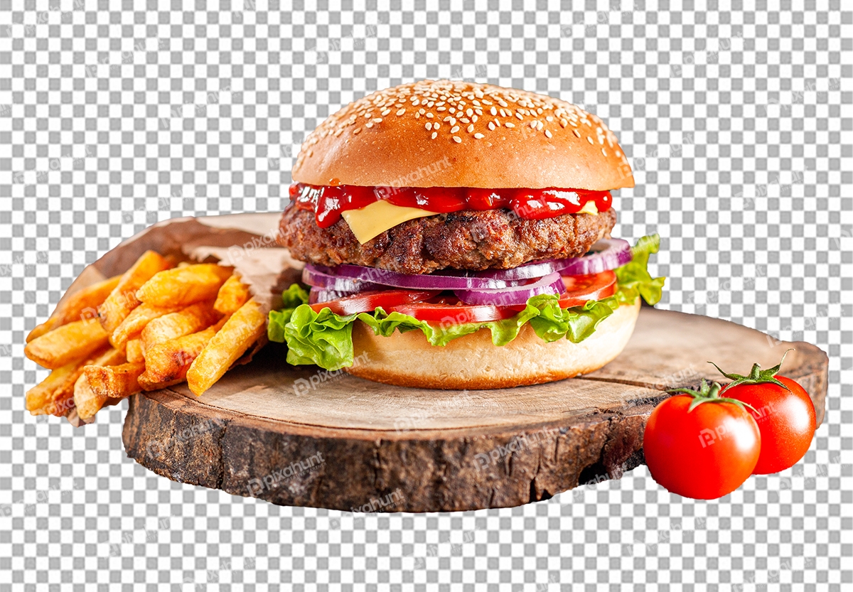Free Premium PNG Yummy Meat Cheese Burger With French Fry Transparent Background