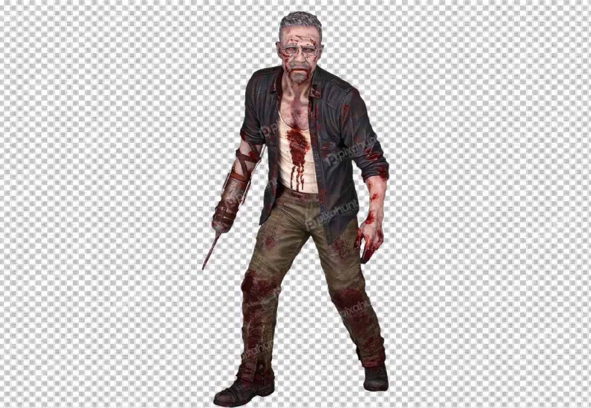 Free Premium PNG zombie is standing in a hunched over position, with its head turned slightly to the right.