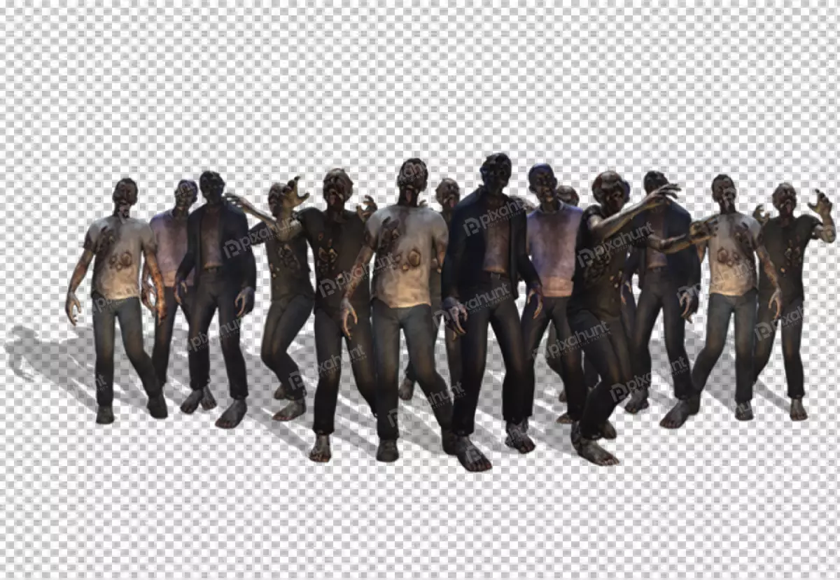 Free Premium PNG zombies are all wearing different clothes, but they all have the same pale skin and dark hair.