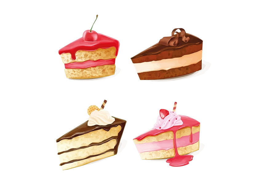 Free Premium PNG Cake cheesecake pieces and cupcakes realistic set with kiwi cherry vanilla extracts chocolate transparent background