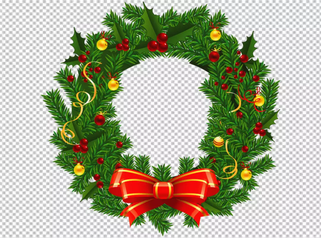 Free Premium PNG Beautifully crafted Christmas wreath with red bows and green pine needles adorned with red and gold ornaments and topped with a large red bow bg