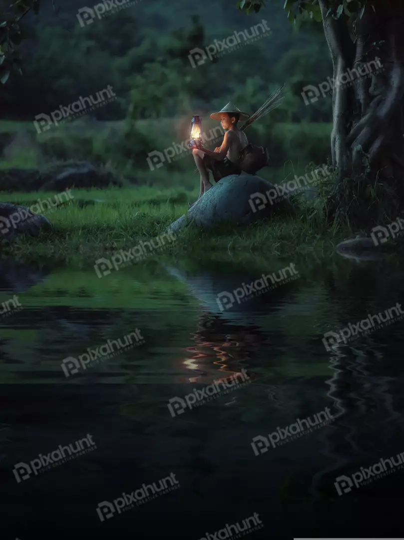 Free Premium Stock Photos Boy sitting on a rock in the middle of a river and wearing a traditional Vietnamese hat with holding a lantern in his right hand