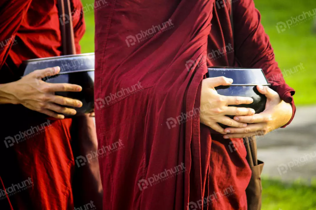 Free Premium Stock Photos Buddhist monks collecting alms at the temple