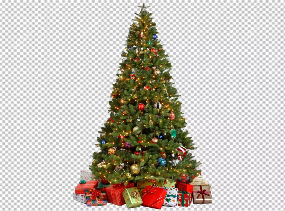 Free Premium PNG Christmas tree with bright lights and bows PNG BG