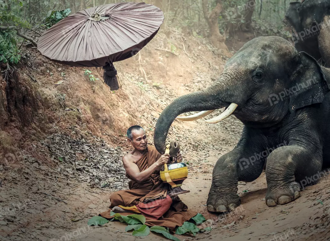 Free Premium Stock Photos Buddhist monk feeding an elephant with an umbrella in the background