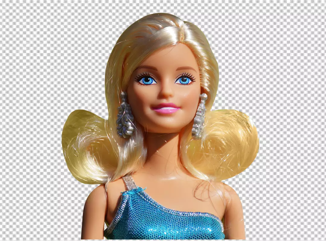 Free Premium PNG Dressed in a Blue dress, Barbie is facing the camera