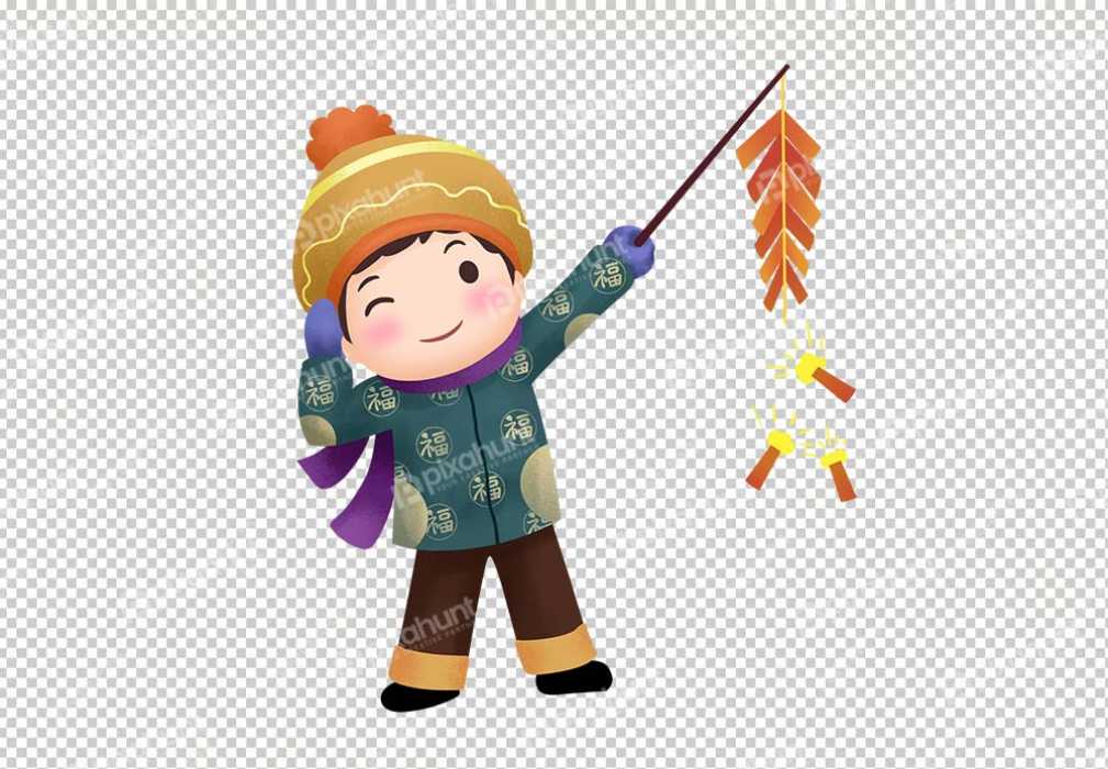 Free Premium PNG A cute boy hold Firecracker | Firecracker Boy Cartoon Comic New Year