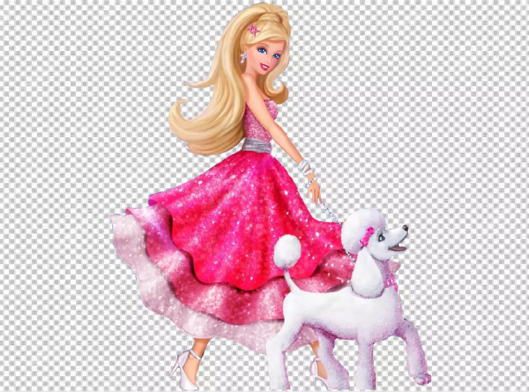 Free Premium PNG Barbie doll dressed in a vibrant sparkling pink gown posing gracefully with a white poodle companion