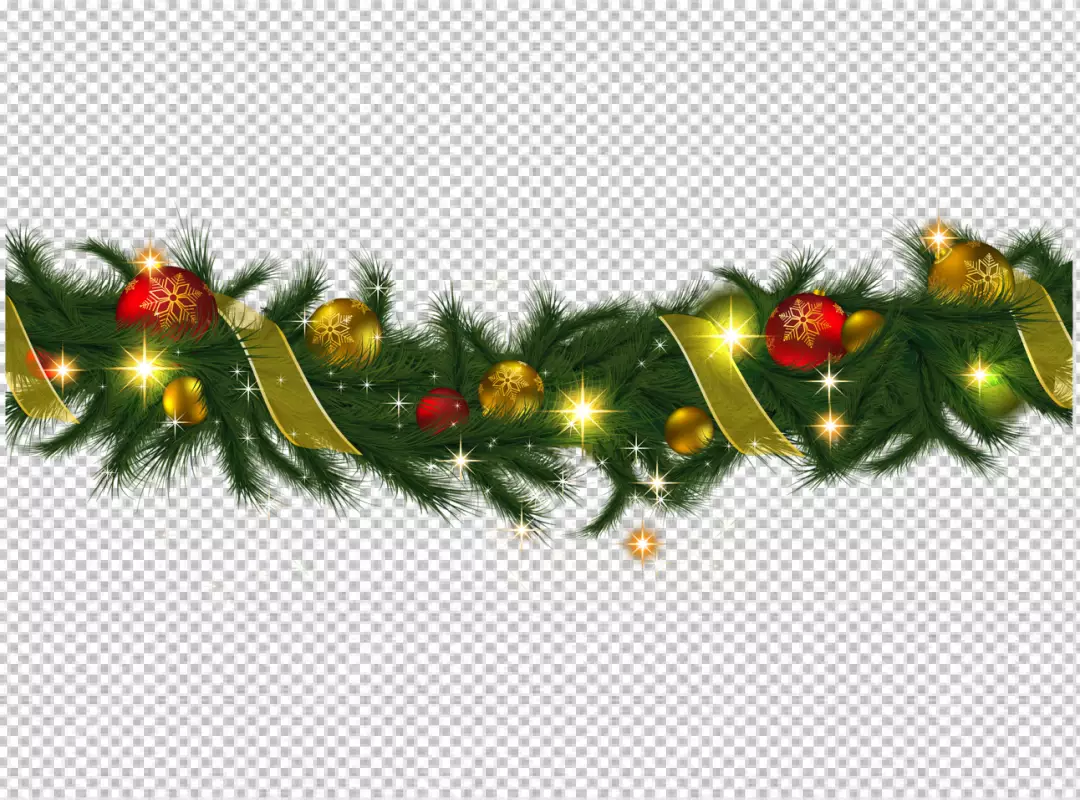 Free Premium PNG The image depicts a festive Christmas garland, brimming with traditional holiday decorations. The garland is positioned horizontally, creating a sense of continuity and repeating pattern. It is comprised of lush green evergreen branches, interspersed with vibrant red poinsettia flowers, glossy red and gold Christmas ornaments, and rustic brown pine cones. The garland is adorned with sprigs of holly, each bearing clusters of bright red berries, adding a touch of natural beauty and festive cheer.