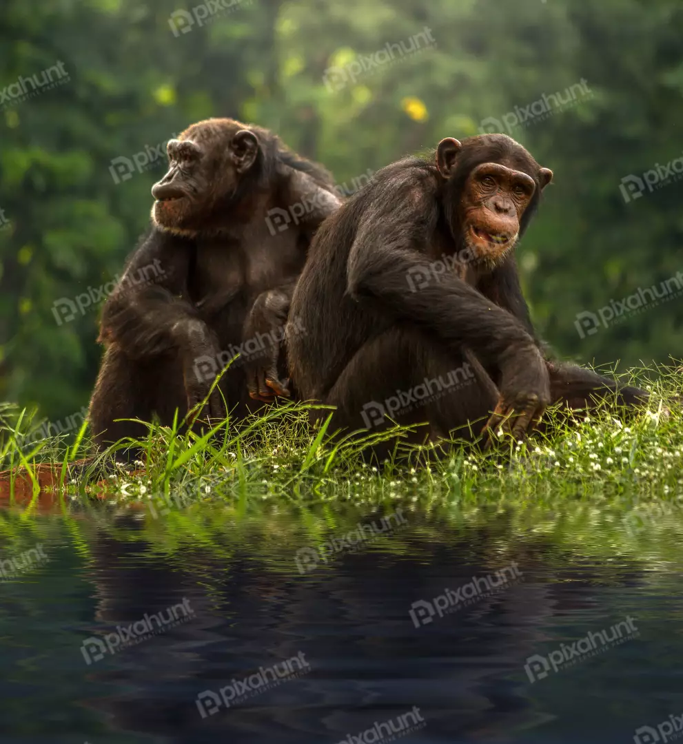 Free Premium Stock Photos Two chimpanzees sitting on a rock in front of a lush and chimpanzees are looking in different directions