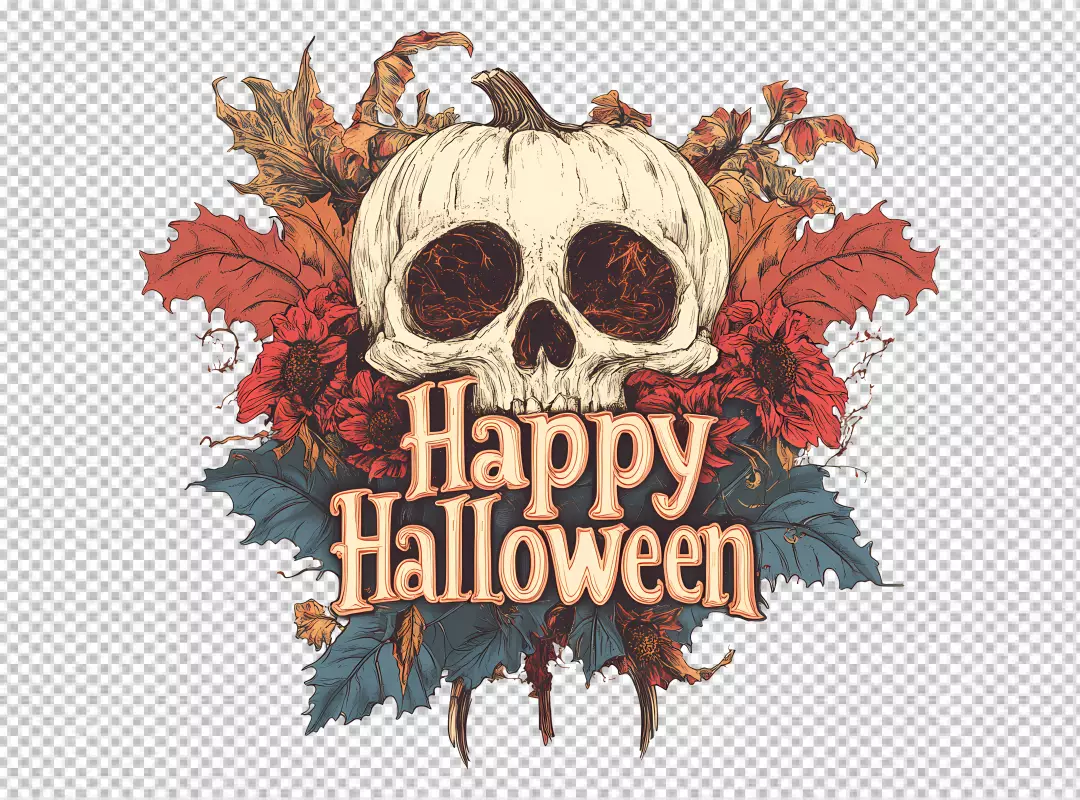 Free Premium PNG Happy Halloween with witch and pumpkin motif on a white background