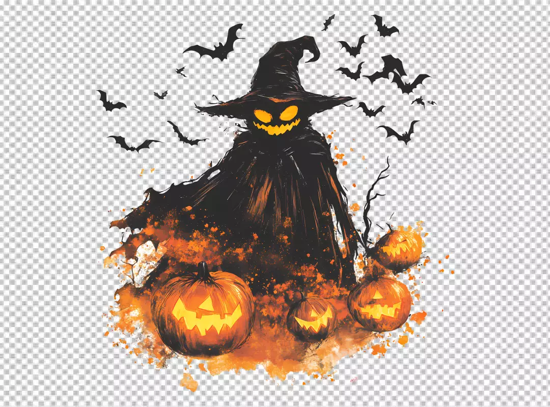 Free Premium PNG A spooky Halloween scene featuring glowing pumpkins and bats