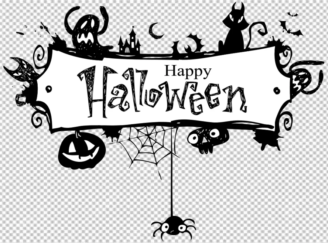 Free Premium PNG Happy Halloween with hand lettering greetings and sketch cartoon-style horror characters