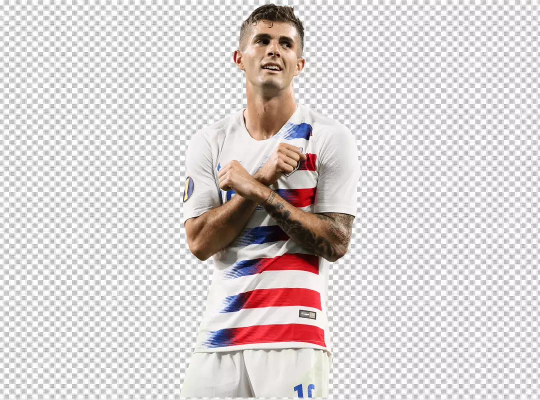 Free Premium PNG Christian Pulisic is standing with his arms crossed in front of his chest, looking off to the left