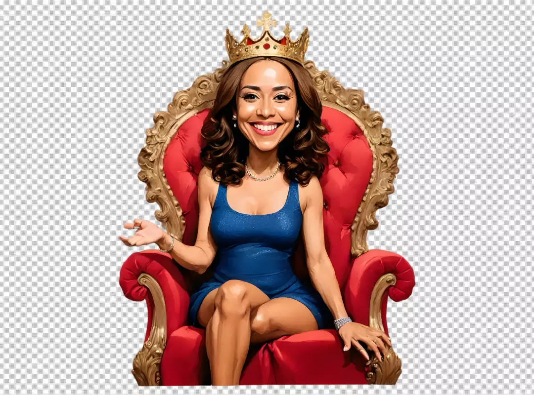 Free Premium PNG Kamala Harris cartoon queen wearing a blue dress and a gold crown