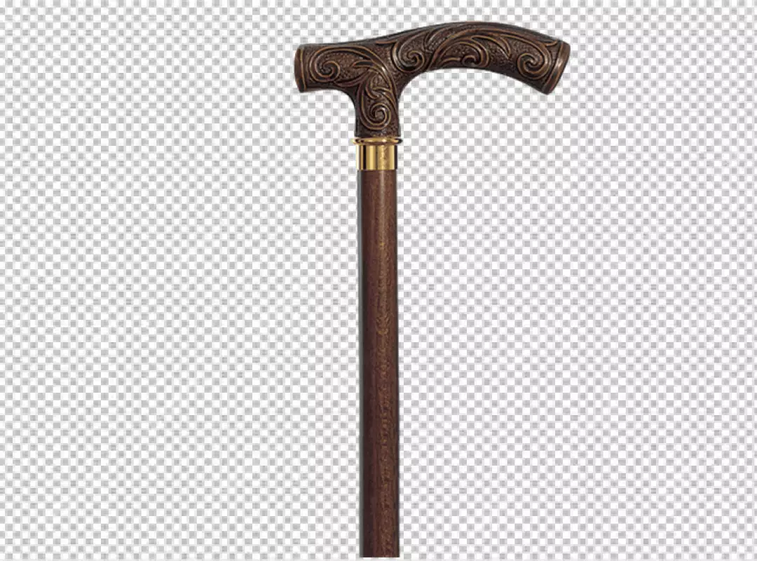 Free Premium PNG A brown wooden cane with a gold handle