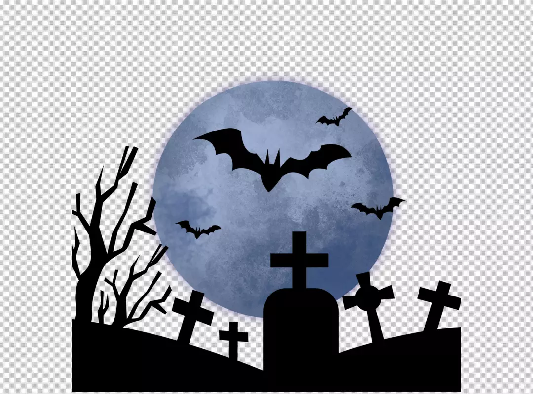 Free Premium PNG Halloween Bats flying in front of a full moon with a starry sky and tree