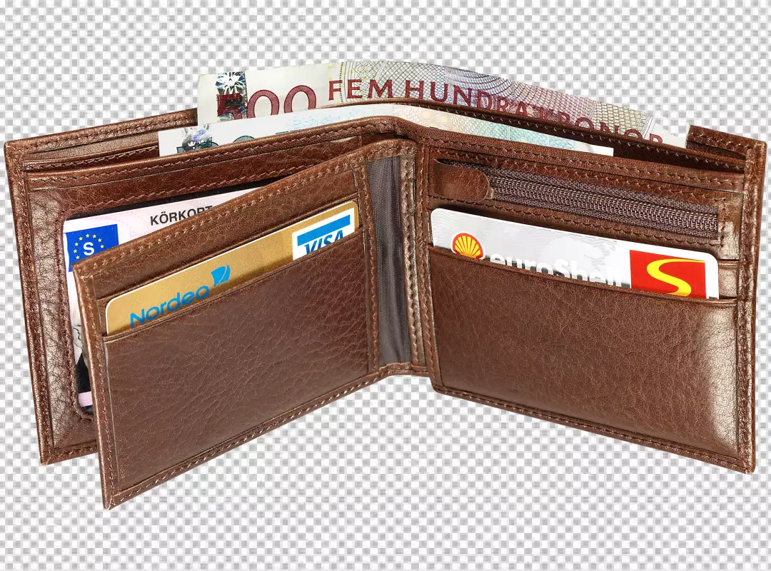 Free Premium PNG Brown open leather wallet product Design with mony