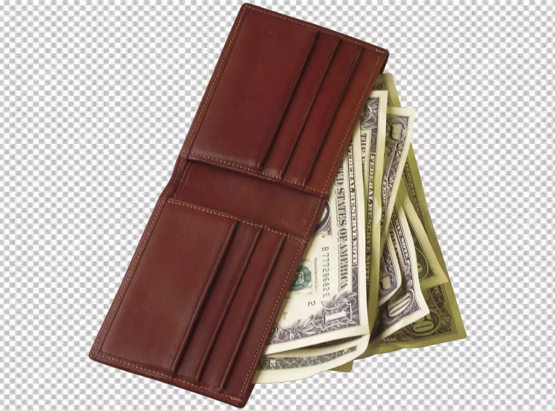 Free Premium PNG Brown open leather wallet product Design with mony 2