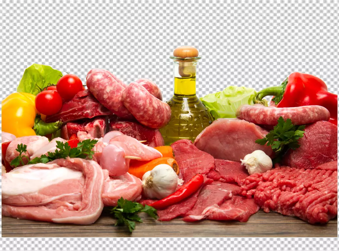 Free Premium PNG raw meat and vegetables on top of table Sausage Steak Venison Organic food Meat