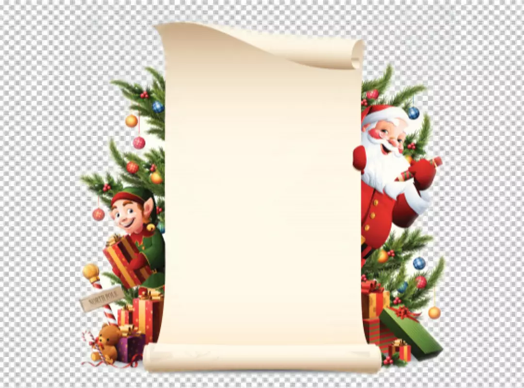 Free Premium PNG Paper with Santa and Elf and Christmas tree decorations