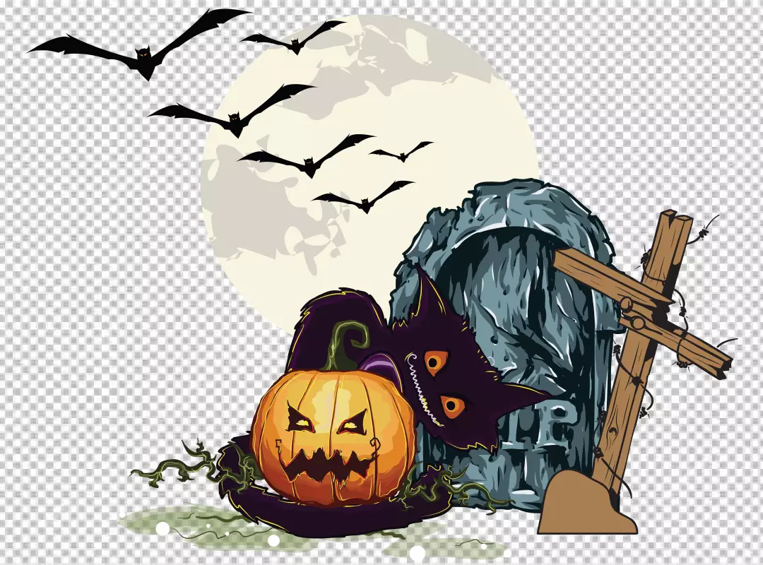 Free Premium PNG Halloween of pumpkin and a tree with bats in the png background