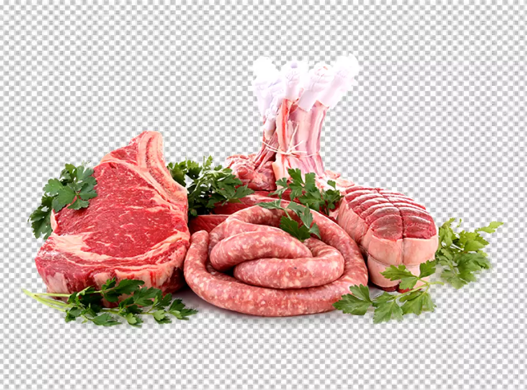 Free Premium PNG A variety of raw meats features a ribeye steak a rack of lamb a pork roast and some sausages