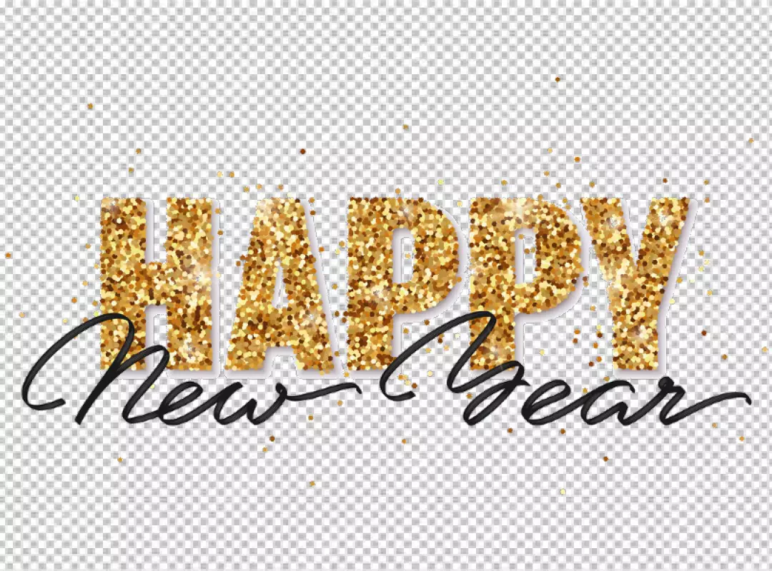 Free Premium PNG Happy New Year gold glitter design for greeting card. Christmas lettering with shining confetti