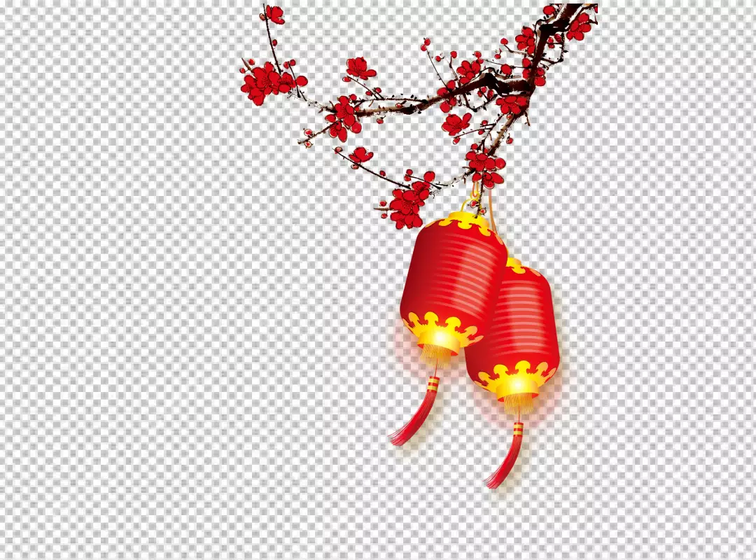 Free Premium PNG Chinese New Year Two branches of a blooming red cherry hanging red Chinese lantern Round