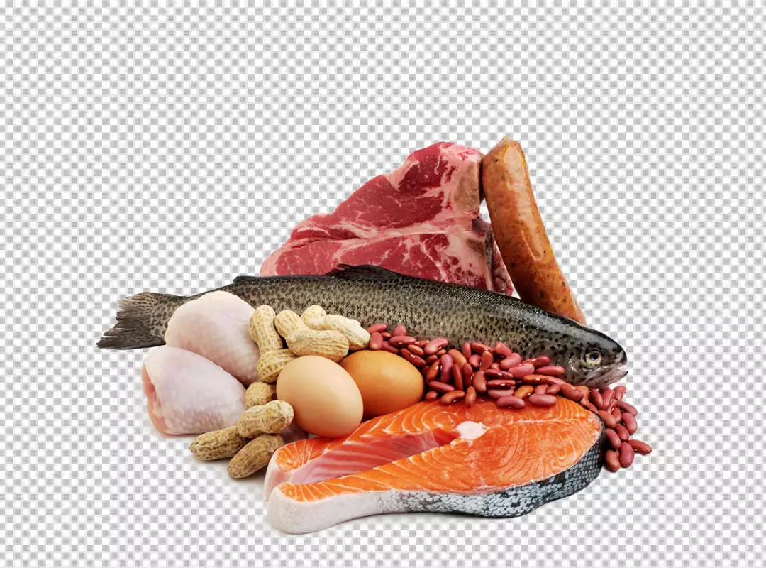 Free Premium PNG a variety of food items including meat, fish, eggs and beans