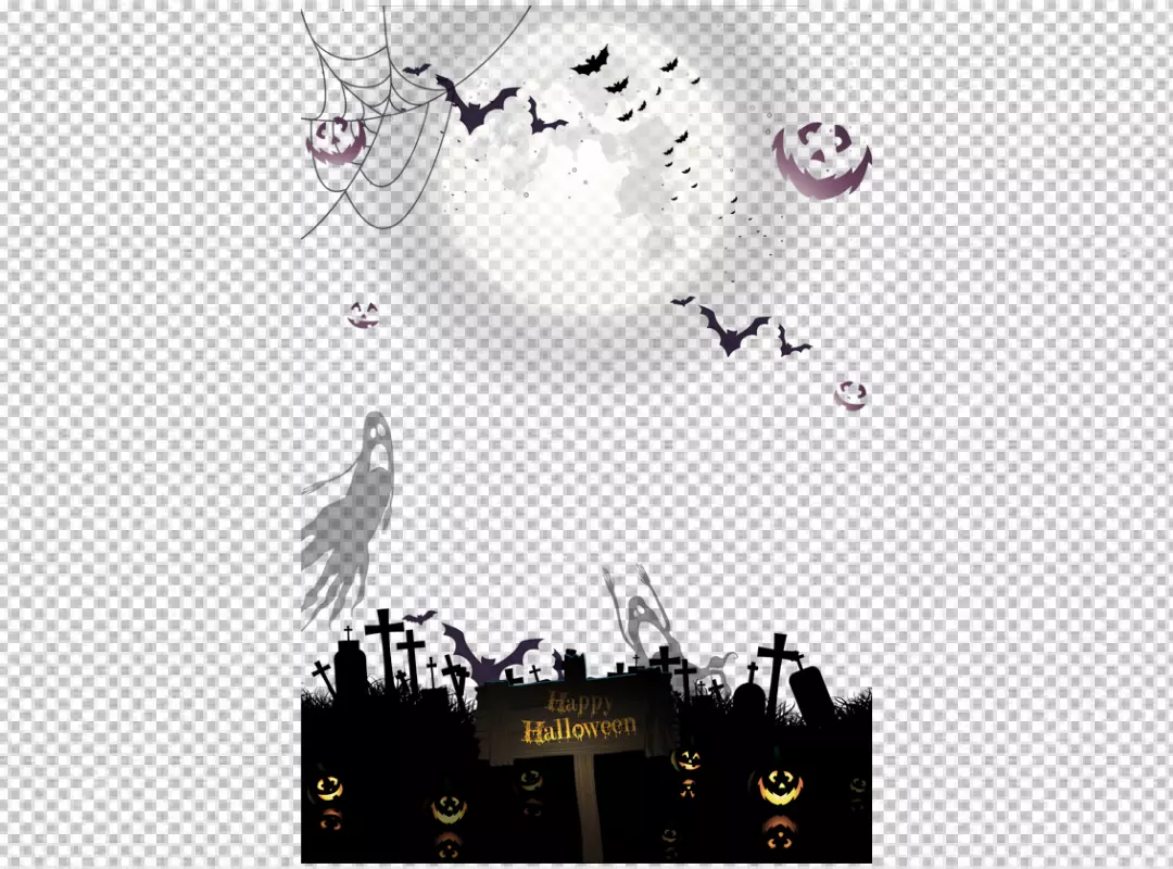 Free Premium PNG Halloween Pumpkin ghost and bats during full moon illustration