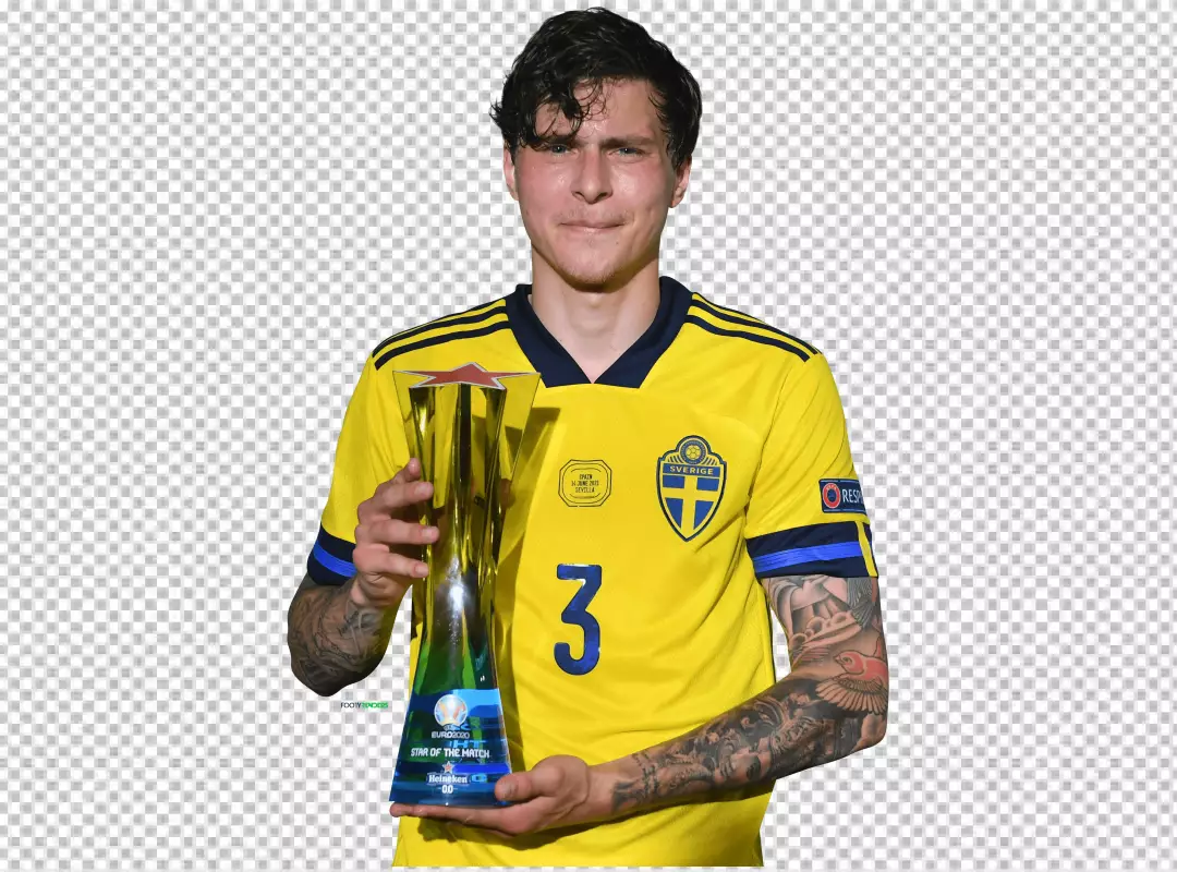 Free Premium PNG Victor Nilsson Lindelöf showing her winning cup in National Football World Cup