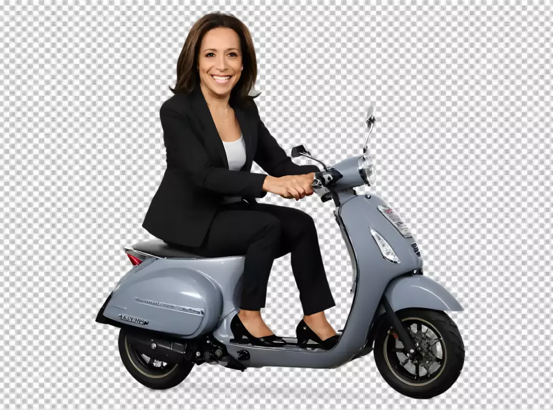 Free Premium PNG Kamala Harris riding a scooter and She is wearing a suit and heels