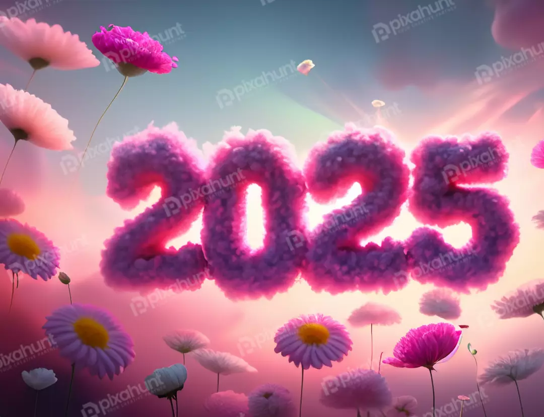 Free Premium Stock Photos A beautiful landscape with a pink fluffy cloud in the center cloud is shaped like the number 2025