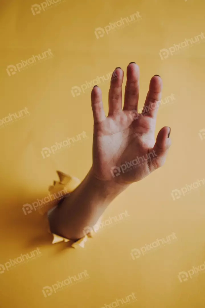 Free Premium Stock Photos a hand reaching out from a hole in a yellow paper background