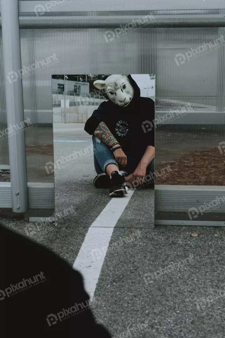 Free Premium Stock Photos a low angle, looking up at a person wearing a sheep mask