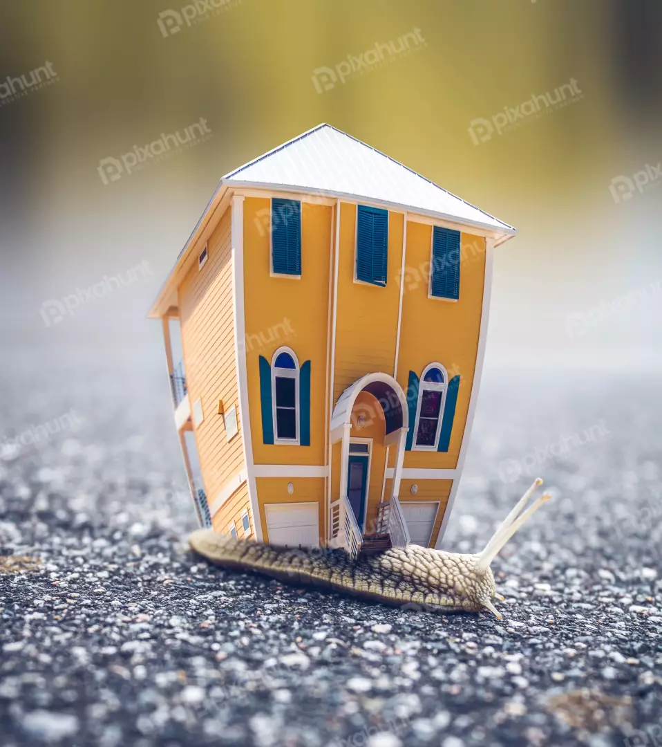 Free Premium Stock Photos a yellow snail carrying a yellow house on its back