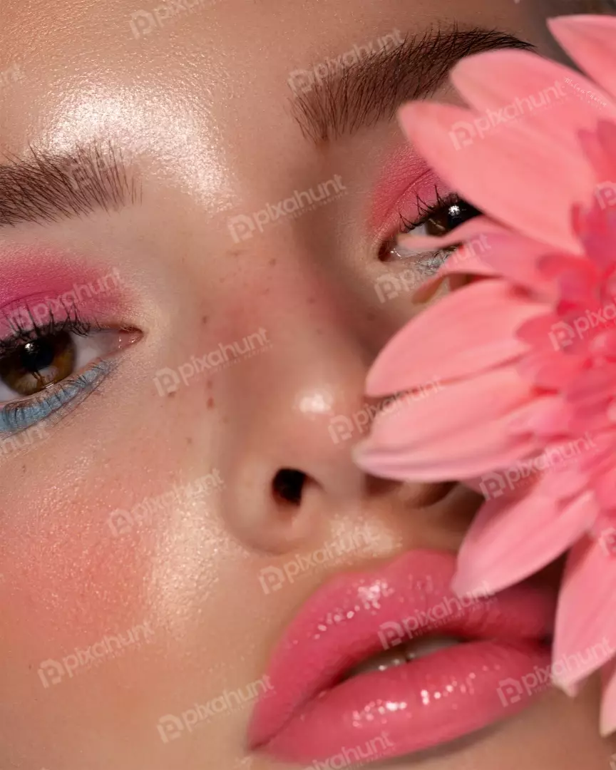 Free Premium Stock Photos A close-up of a woman's face Also she has pink eyeshadow on her eyes, pink blush on her cheeks, and pink lipstick on her lips