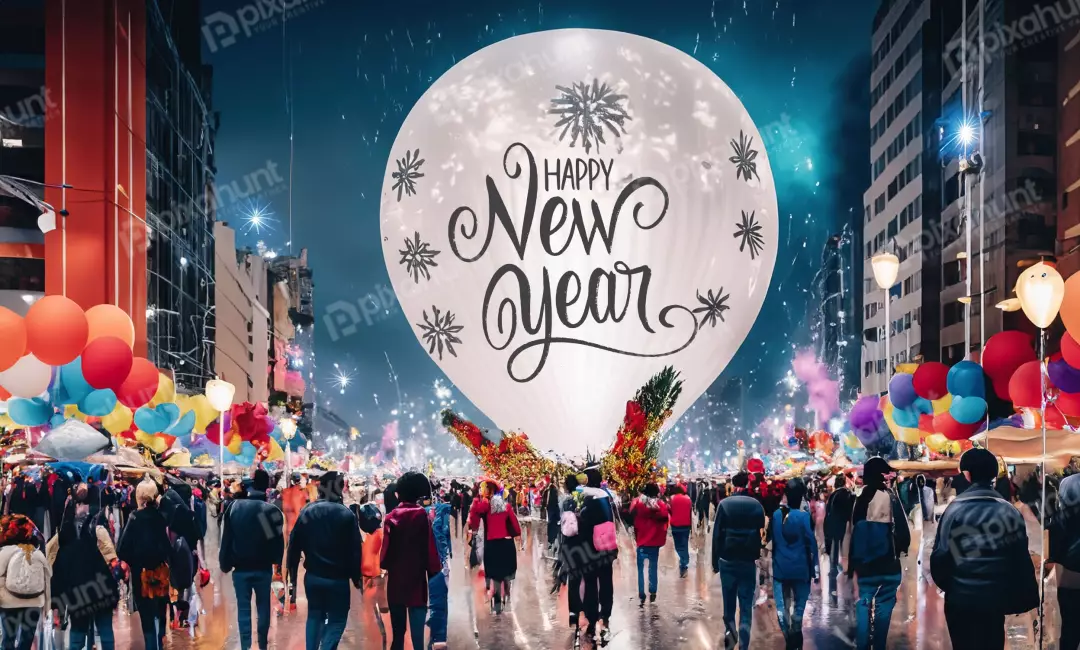 Free Premium Stock Photos A Vibrant Street Scene On New Years Eve With A Towering Balloon