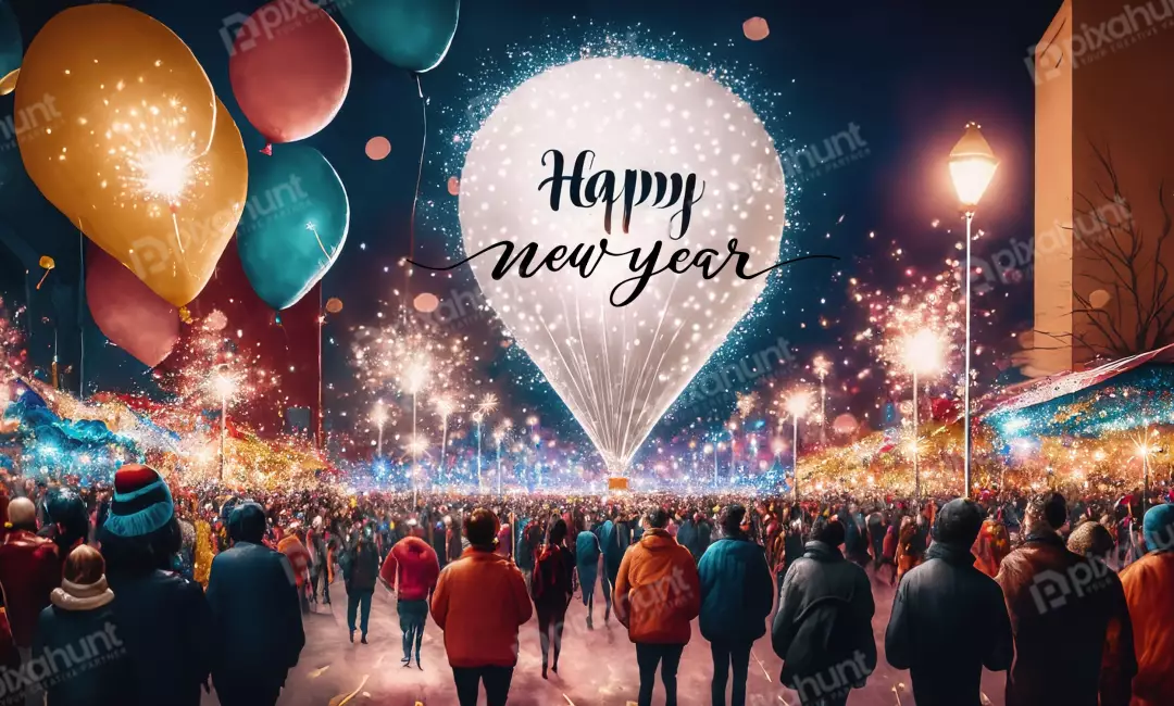 Free Premium Stock Photos A Lively Street Scene On New Years Eve With A Towering Balloon Image